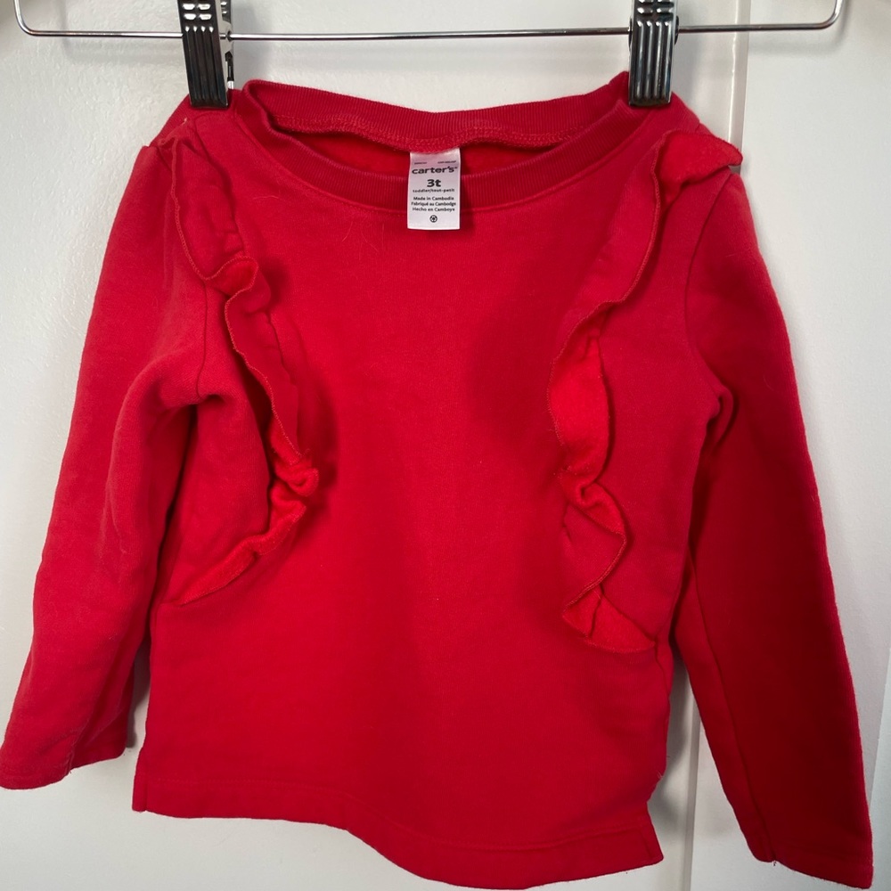 4/$20 Red fleece ruffled toddler sweatshirt. 3T